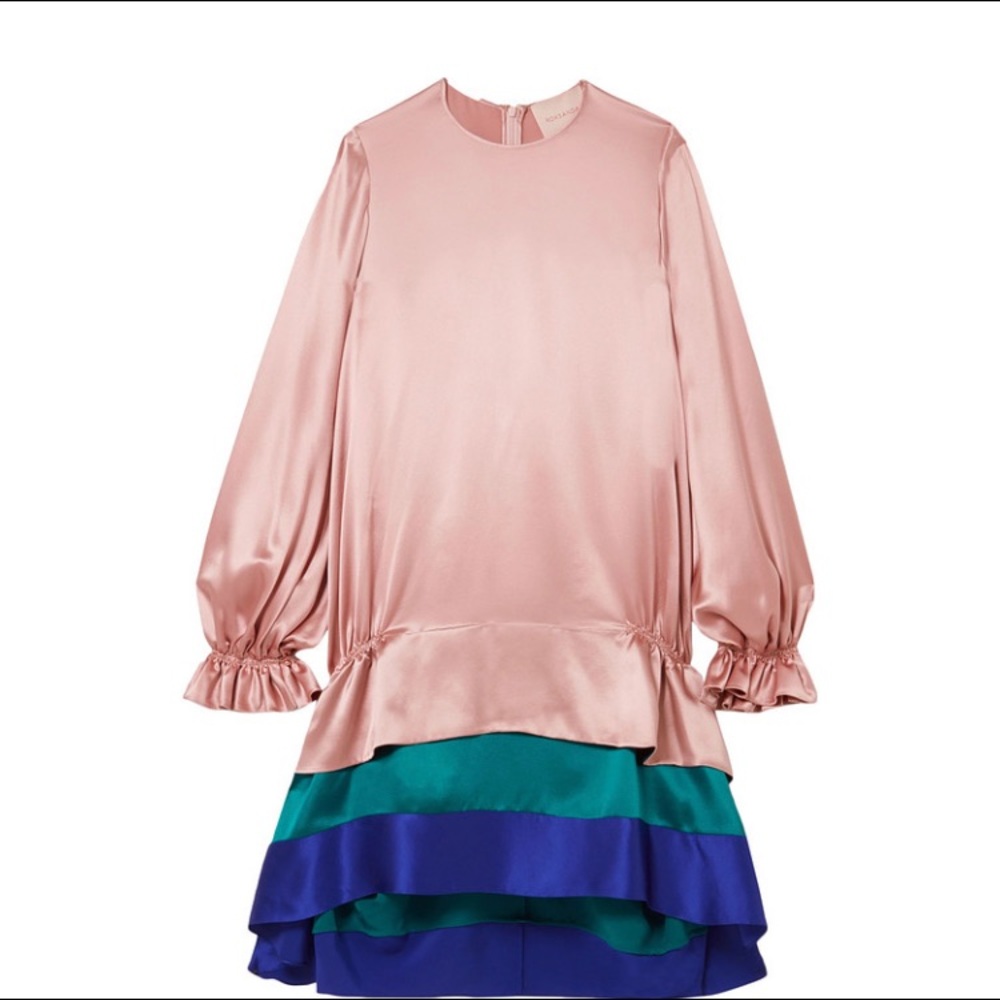 Tiered silk-satin color block mini dress - Picture 1 of 6